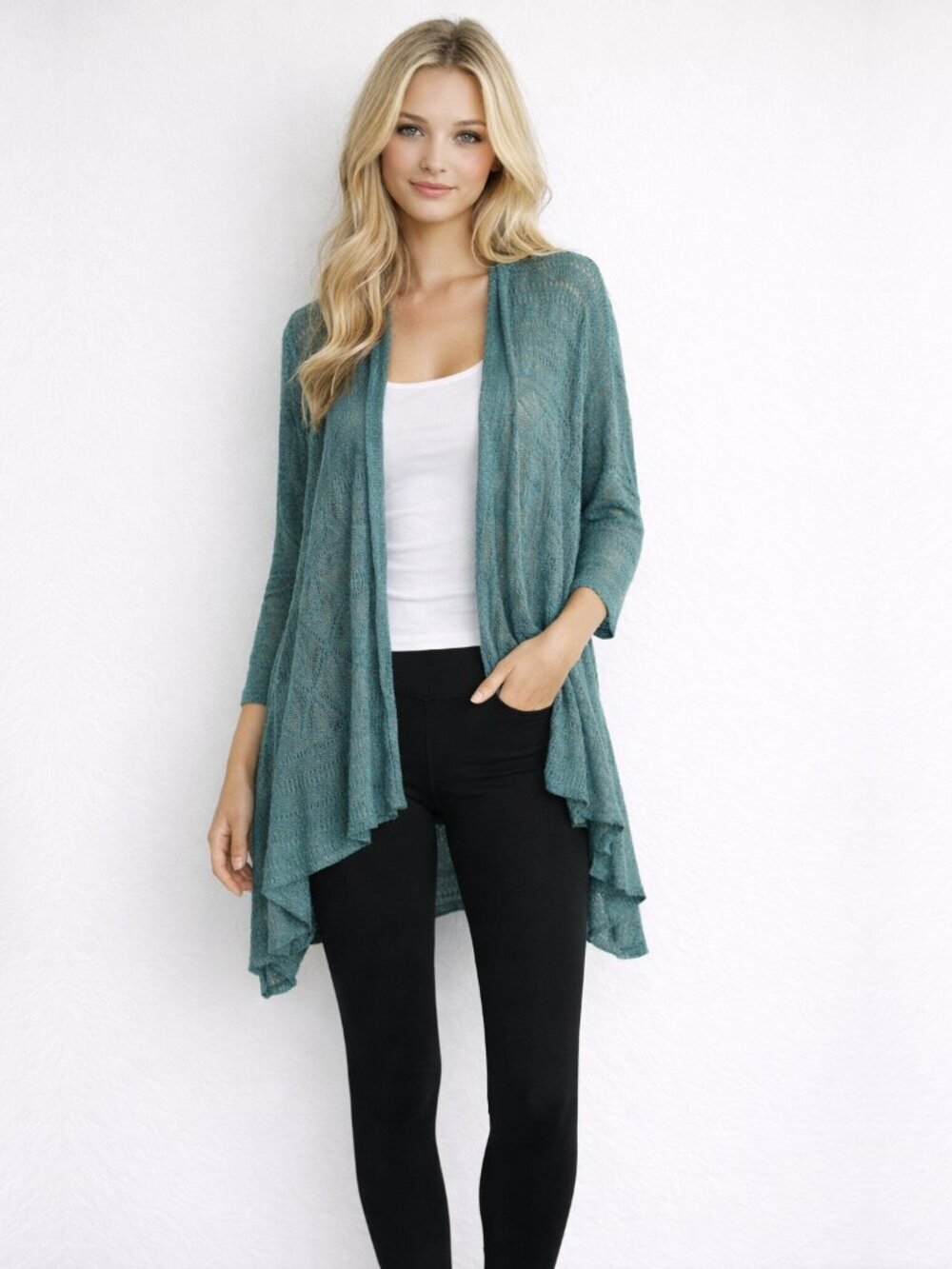 Sparrow High Low Pointelle Knit Duster Open Cardigan Teal Small #A1980